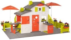 Häuschen Neo Friends House DeLuxe Smoby Mit Großem Garten Und Snacks Unter Sonnenschirmen