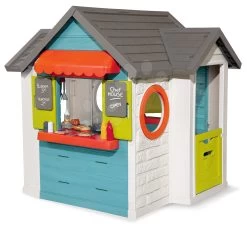 Set Häuschen Mit Einem Gartenrestaurant Chef House DeLuxe Smoby Und Ein Klettergerüst Mit Einer Rutsche Und Einer Leiter Und Einer Doppelseitigen Schaukel -Spielzeug Theater Verkäufe 810403 a smoby restauracia 8