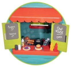 Set Häuschen Mit Gartenrestaurant Chef House DeLuxe Smoby Und Ein Reinigungswagen Mit Bügelbrett Und Ein Waffeleisen Mit Burgern -Spielzeug Theater Verkäufe 810403 d smoby restauracia