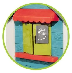 Set Häuschen Mit Gartenrestaurant Chef House DeLuxe Smoby Und Ein Rasenmäher Und Ein Wagen Mit Einem Eimer Und Gartengeräten -Spielzeug Theater Verkäufe 810403 e smoby restauracia 9