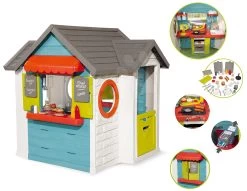 Set Häuschen Mit Einem Gartenrestaurant Chef House DeLuxe Smoby Und Ein Klettergerüst Mit Sandkasten Und Rutsche Und Sportspielen Im Garten