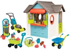 Set Häuschen Mit Gartenrestaurant Chef House DeLuxe Smoby Und Ein Rasenmäher Und Ein Wagen Mit Einem Eimer Und Gartengeräten -Spielzeug Theater Verkäufe 810403set 11 smoby set 2