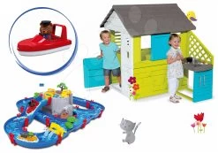 Set Häuschen Pretty Blue Smoby Mit Sommerküche Und Wasserstraße Aquaplay Mountain Lake -Spielzeug Theater Verkäufe 810703 16 2 smoby set