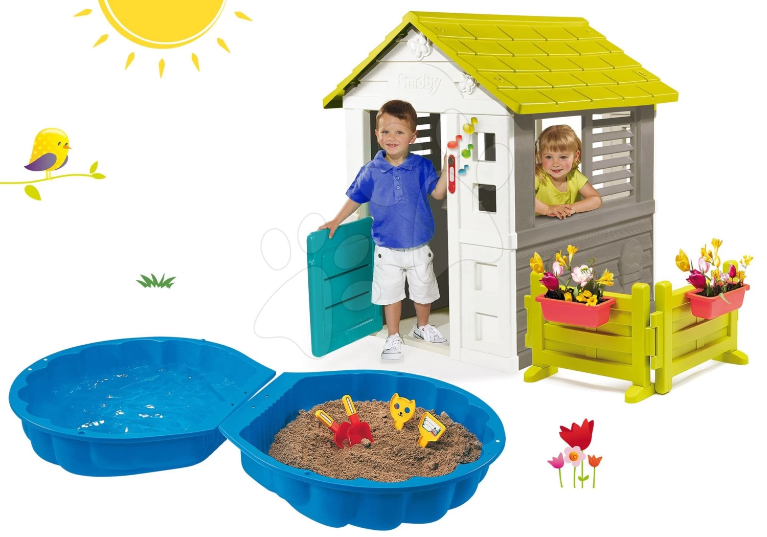 Set Häuschen Jolie Smoby Blau Mit 3 Fenstern Und 2 Jalousien Mit Garten- Und Klingel- Und Sandkasten Muschel In Zwei Teilen Ab 24 Monaten 11 Set Häuschen Jolie Smoby Blau Mit 3 Fenstern Und 2 Jalousien Mit Garten- Und Klingel- Und Sandkasten Muschel In Zwei Teilen Ab 24 Monaten – Bild 11