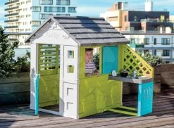 Häuschen Mit Küche Pretty Blue Smoby Blau-grün 3 Fenster Mit 2 Jalousien Und 2 Schiebeläden Mit UV-Filter Und 17 Zubehör Ab 2 Jahren -Spielzeug Theater Verkäufe 810711 g smoby domcek