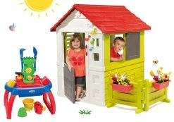 Set Häuschen Nature Smoby Rot 3 Fenster 2 Jalousien Und Rollladen Mit Klingel, Garten- Und Sandkasten, Wassertisch Und Sand Ab 24 Monaten -Spielzeug Theater Verkäufe 810712set 22 smoby set