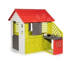 Häuschen Mit Küche Nature Smoby Rot-grün 3 Fenster Mit 2 Jalousien Und 2 Schiebeläden Mit UV-Filter Und 17 Zubehör Ab 2 Jahren